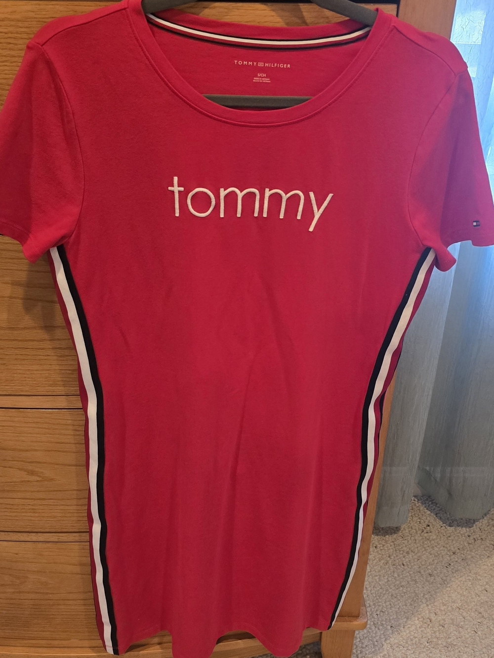 Tommy Hilfiger Red Short-Sleeve 'Tommy' Logo Tee Dress w Side Stripes, Women's S